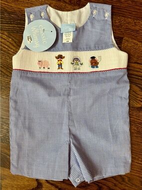 Classic Whimsy Blue Gingham Smocked Baby Toy Story Romper- NWT 12 Months